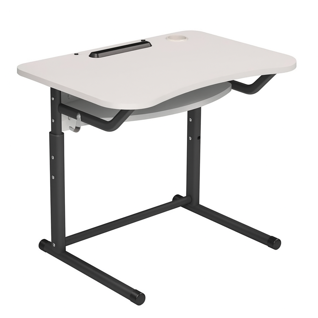 Стіл учнівський 1-місний з полицею, на металевому каркасі (плоскоовальна труба), стільниця з антисколіозним вирізом, ЛЕЛЕКА, 700х500х580-760 мм.